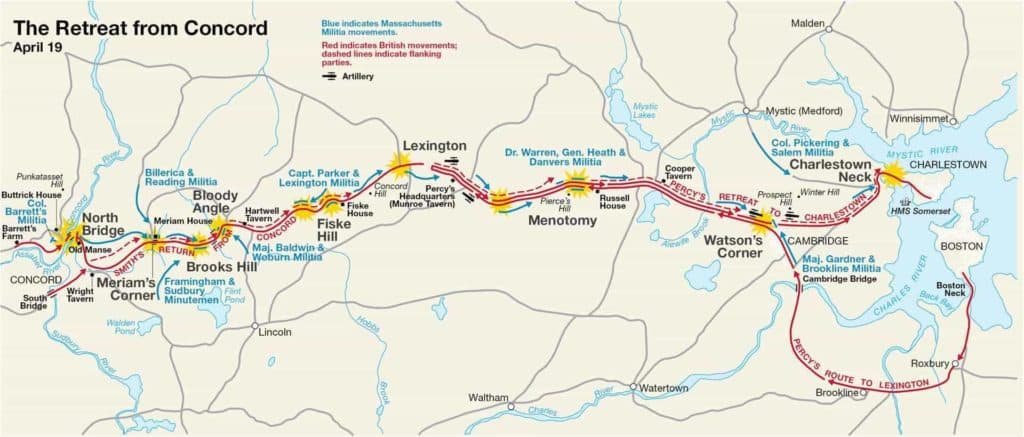 Battle of Lexington and Concord British Retreat Map