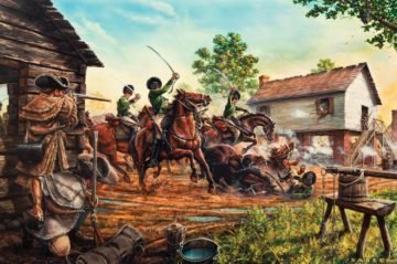 Militia commanded by Joseph Graham and William Davie firing from the courthouse to repel the British at the Battle of Charlotte